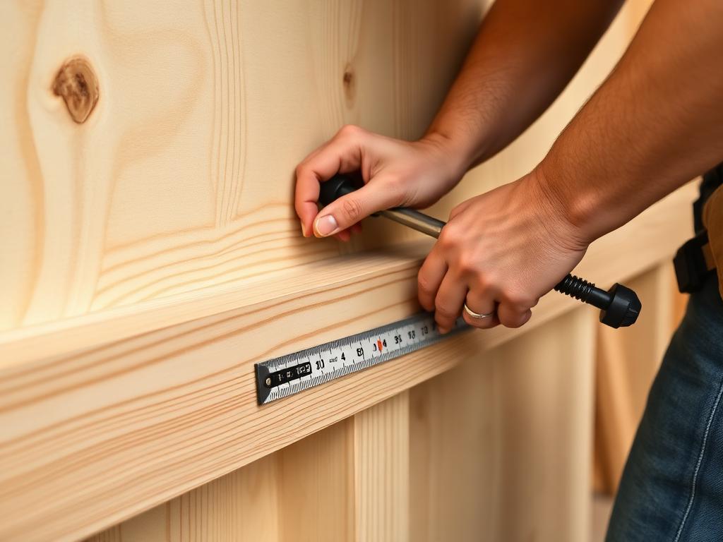Carpenter measuring wood trim during a home carpentry project