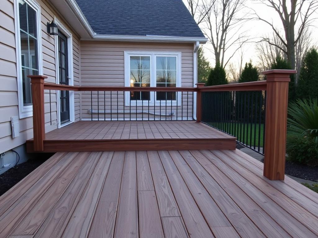 Newly built wooden backyard deck with railing