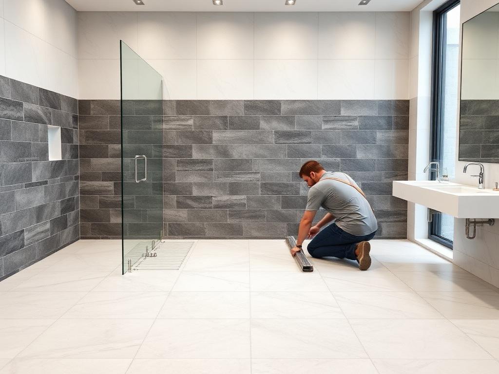 Tile installer setting large format tile in a modern bathroom